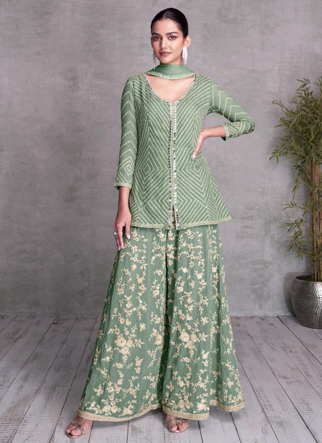 Chinnon Green Wedding Wear Embroidery Work Readymade Plazzo Suit